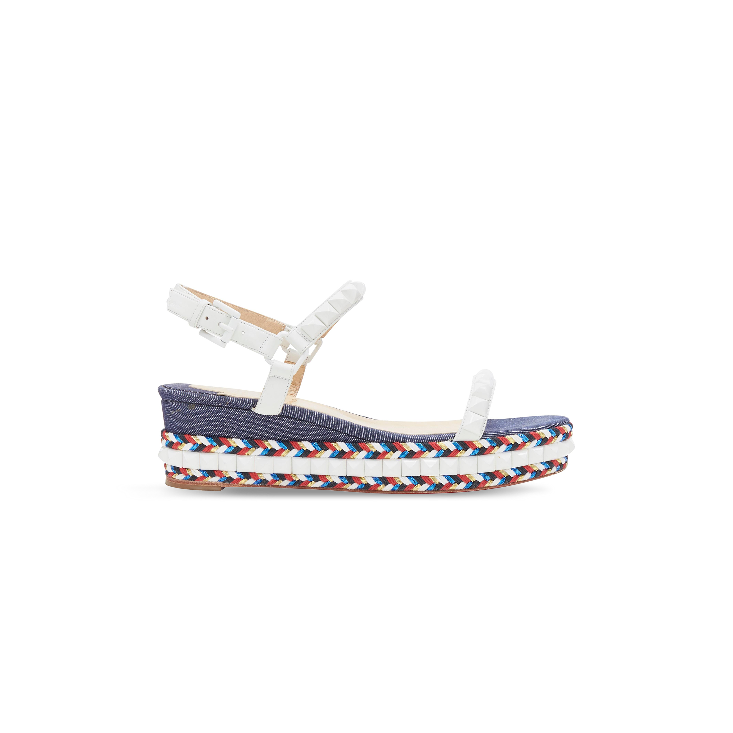 CHRISTIAN LOUBOUTIN CATACLOU DENIM PATCHWORK STUDDED WEDGE SANDALS